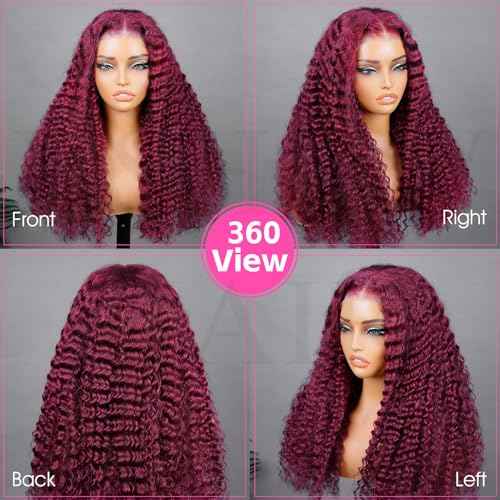 V SHOW 99j Burgundy Lace Front Wig Human Hair 180% Density Glueless Wigs Human Hair Pre Plucked Pre Cut 7x5 Deep Wave Lace Closure Wigs 18 Inch Pre Everything Burgundy Glueless Wig for Women