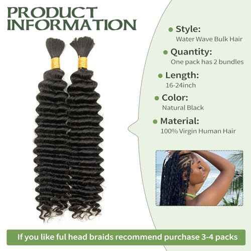 Water Wave Braiding Hair 20 Inch 2 Bundles No Weft, Brazilian Virgin Hair for Boho Braids Curly Human Hair Extensions Natural Black (20In,1B)