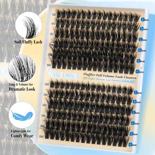 Yawamica Lash Clusters Kit Fluffy Eyelash Clusters 15-25mm Lash Extension Kit 150D+200D Volume Individual Lashes D Curly Cluster Lashes DIY Eyelash Extension Kit with Waterproof Bond and Seal