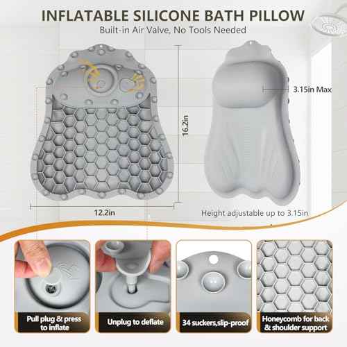 Inflatable Bath Pillow for Tub - Adjustable Firmness Silicone Bathtub Pillow for Epsom Salt Soaking & Spa Neck-Relaxing, Head & Back Reclining Support Cushion, Xmas Gift for Couples, Parent, Friends