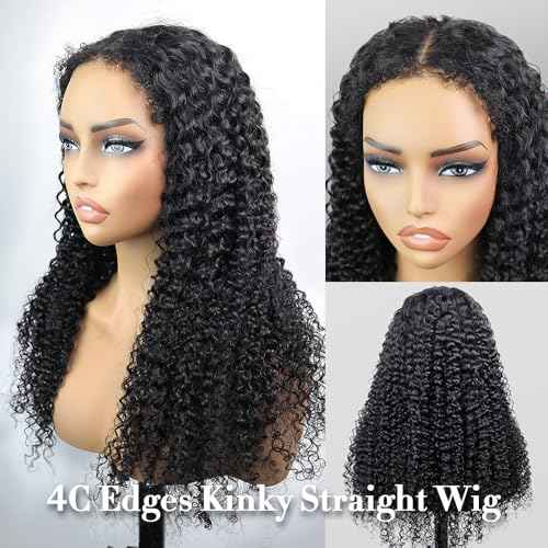 4C Edges Glueless Wigs Kinky Curly Human Hair Pre Plucked Pre Cut 6x4 HD Lace Front Wear and Go Glueless Wig with Kinky Edges 180% Density 18 inch