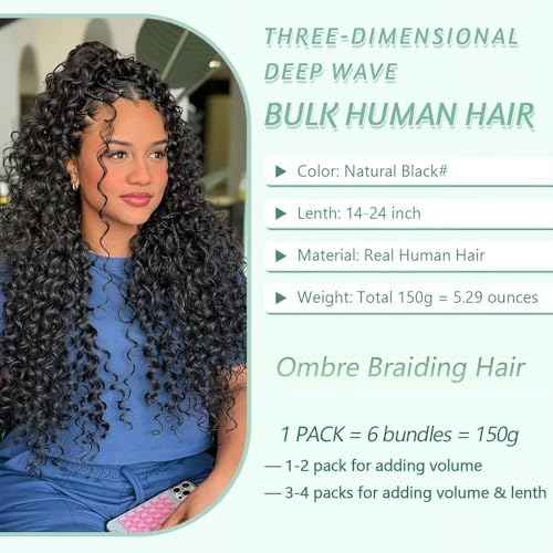 Human Braiding Hair for Boho Braids 150g 6 Bundles/Pack 20 Inch Deep Wave Bulk Human Hair for Braiding Curly Boho Hair for Braiding 12A Human Hair Braiding Hair Wet and Wavy Natural color