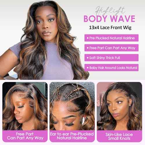 Body Wave Lace Front Wigs Human Hair 1B/30 Highlight Ombre Lace Front Wig Human Hair 13x4 Transparent Lace Frontal Black with Brown Highlight Wig for Women 200 Density Glueless Wigs 24 Inch