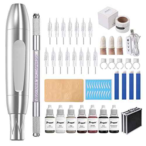 Charme Princesse Permanent Makeup Machine Tattoo Kit with Manual Pen Eyeliner Eyebrow Ruler Practice Skin Ring Cup Eyeliner Tattoo Supplies Pigments for Eyebrows EK516