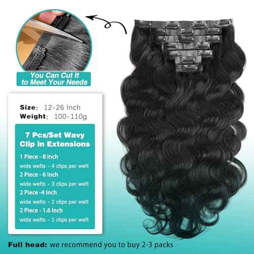 Seamless Clip In Hair Extensions Real Human Hair Invisible PU Skin Weft Body Wave Clip Ins 100% Unprocessed Brazilian Remy Human Hair Extensions 7pcs with 16Clips 110g£¨Natural Black,22 inch£©