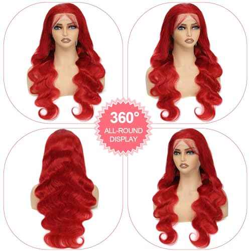 28 Inch Red Lace Front Wigs Human Hair 200 Density Red Body Wave 13x6 Lace Front Wigs Human Hair Pre Plucked 13x6 Colored HD Lace Frontal Glueless Wigs Human Hair for Women