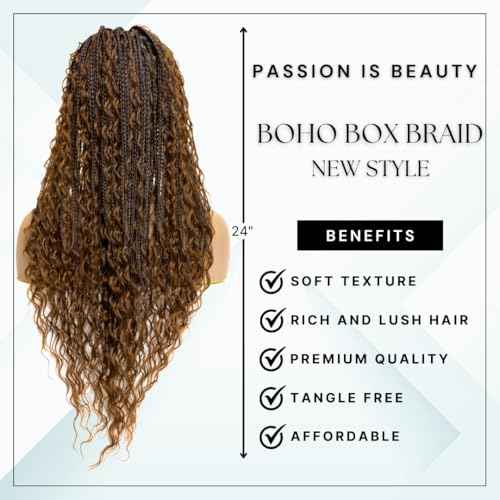 PIB 24'' Full Lace Bohemian Box Braid Wig - Knotless Braided Wigs for Black Women - Synthetic Braided Wig with Natural Baby Hair - Off Black and Brown #1B30