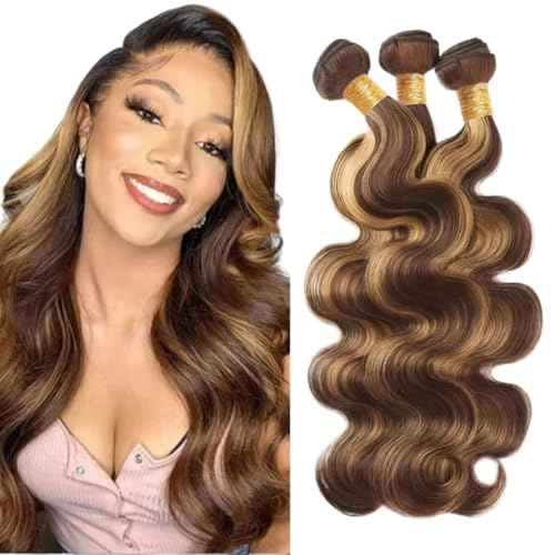 Human Hair Bundles P4/27# Color Body Wave Bundles Human Hair Unprocessed Brazilian Virgin 24 26 28 Inch 3 Bundles Quick Weave Human Hair Extensions (P4/27# Body Wave, 24 26 28)