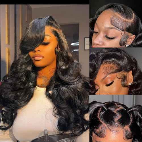 13x4 Lace Front Wig Human Hair Body Wave Natural Black 180% Densit HD Transparent Lace Pre Plucked Glueless Wigs Brazilian Virgin Human Hair for Women 18inch