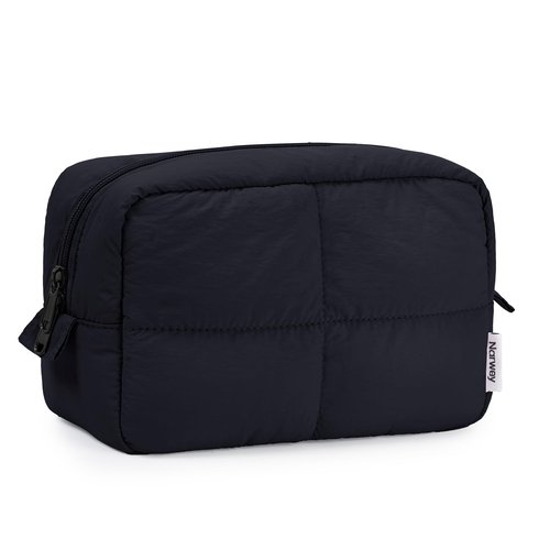 Narwey Puffy Makeup Bag for Travel Women Girl, Quilted Makeup Bag Cosmetic Bag, Cute Puffer Make Up Organizer Bags, Travel Toiletry Bag Toiletries (Black)