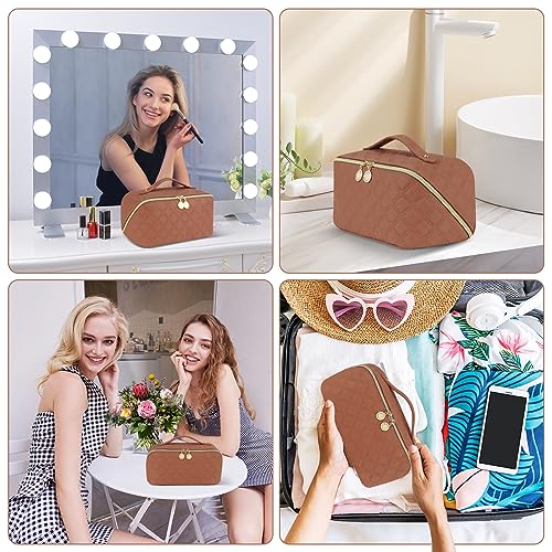 Ineowelly Makeup Bag, Large Capacity Travel Cosmetic Bag for Women, PU Leather Makeup Travel Bag Waterproof, Multifunctional Toiletry Bag with Portable Handle & Layered (Brown)