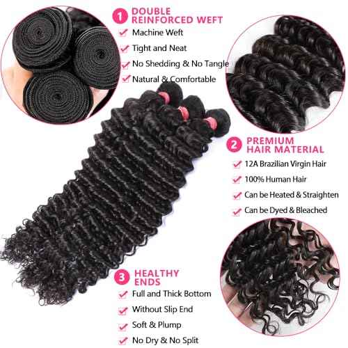 12A Deep Wave Single Bundles Human Hair 26 Inch Brazilian Curly 1 Bundles Human Hair 100% Unprocessed Virgin Wet and Wavy Hair Weave 1B Black