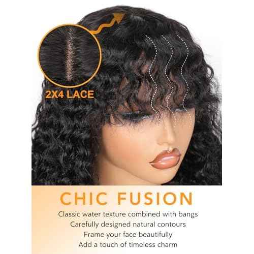 Ruiyu Curly Wig with Bangs Human Hair 2x4 HD Lace Closure Wear and Go Glueless Wig Water Wave Wigs with Bangs for Black Women 180 Density 100% Brazilian Virgin Human Hair 18 Inch