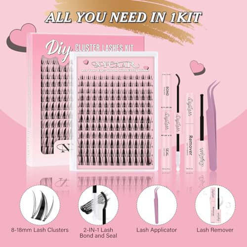 Fairy Lash Clusters Kit Spiky Manga Lash Clusters D Curl 144Pcs 8-18mm Lash Extension Kit Wispy Invisible Band Lashes Kit with Bond and Seal,Remover,Applicators DIY at Home(Fairy)