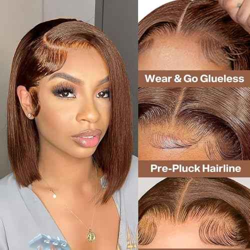 Chocolate Brown Bob Wig Human Hair Wear and Go Glueless Wigs Pre Plucked Pre Cut 4x4 Lace Closure Glueless Short Straight Bob Wigs for black women Human Hair 14 inch