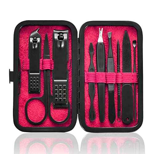 Manicure Set 9 in 1 Stainless Steel, Nail Clippers Scissors Pedicure Tools Kit - Portable Travel Grooming Kit for Men and Women with Leather Case (Red-BIG Nail Clipper)
