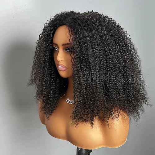 ISEE Half Wig Afro Curly 3 In 1 Glueless Wigs Human Hair Seamless Kinky Curly Flip Over Beginner Friendly Wear & Go Drawstring Band Clip in Wig Human Hair Black Color 14 Inch