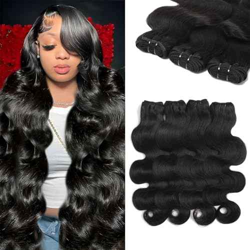Dewelly 4 Bundles Body Wave Human Hair 14 16 18 20 Inch Best Sales of Raw Hair Bundles 12A Grade 100% Unprocessed Brazilian Virgin Hair Weave Bundles Deals Human Hair Natural Black Color