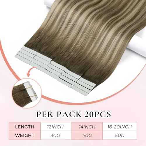 invisible tape in hair extensions human hair 16Inch Dark Brown Fading To Brown and Blonde 20pcs 50g Thick Ends