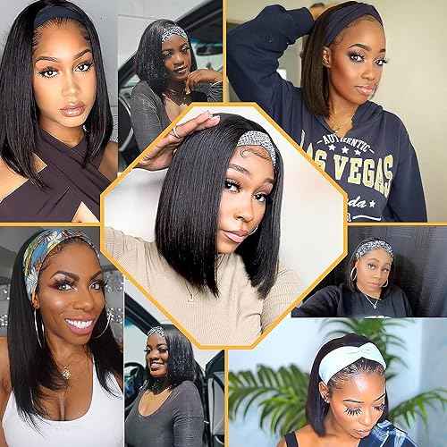 Straight Bob Headband Wig Human Hair None Lace Wigs for Black Women Glueless Short 100% Brazilian Virgin Head Band Easy to Install Half with Free