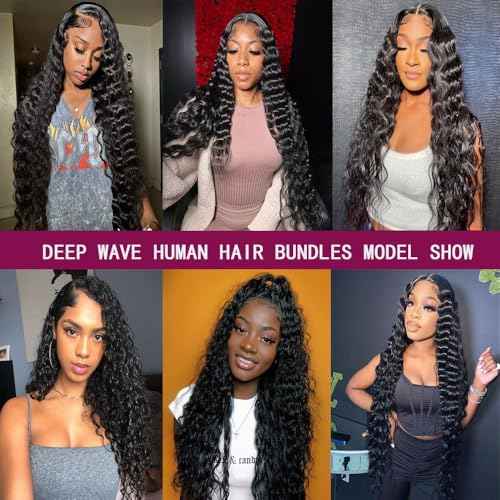 Deep Wave Human Hair Bundles- 20/22/24 Inch Curly Deep Wave Bundles Unprocessed Brazilian Virgin Wet and Wavy Bundles human hair 12A Hair Extensions Real Human Hair for Woman Natural Color Full, Soft