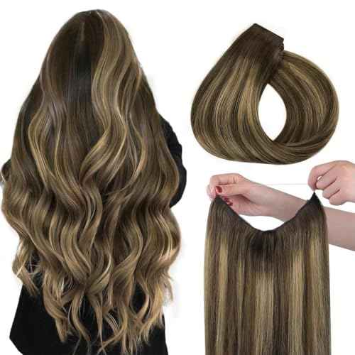 HOTBANANA Wire Hair Extensions, 20 inch 110g Chocolate Brown to Caramel Blonde Fish Line Real Human Remy Straight Invisible Wire Hair Extensions