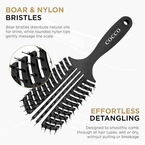 Cocco Vented Boar Brush, Curved Detangling & Styling Tool with Boar & Nylon Bristles, Black