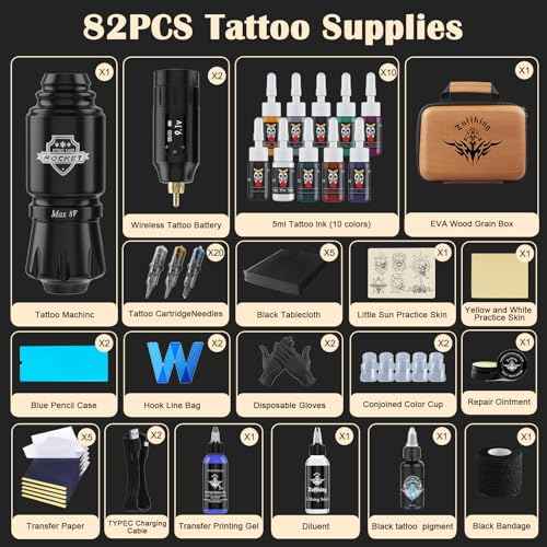 Tattoo Gun Kit - Perfessional Tattoo Machine Kit for Beginners Complete Tattoo Set with 2 Batteries Rotary Tattoo Pen & 20Pcs Cartridge Needles for Artist Starter Tattoo Supplies (Battery-II-82Pcs)