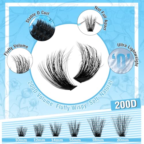 Yawamica Lash Clusters Kit 200D Fluffier Volume Cluster Eyelash Extensions Kit 10-20mm DIY Lash Extension Kit with Lash bond and Lash Remover and Lash Applicator for DIY Lash (200D-10-20MM Kit)