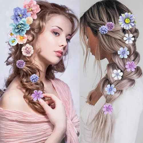 21 PCS Hair Flowers Boho Hair Barrettes Accessories Hawaiian Silk Flower Clips Girls Purple Blue Floral Bride Headpiece Festival(BLUE & PURPLE)