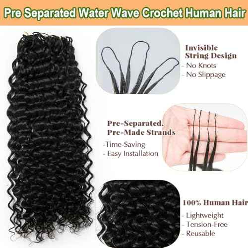 Crochet Human Hair Extensions Water Wave Pre-Separated Curly Crochet Hair Extensions Invisible Micro Loop Crochet Hair Knotless Feather Crochet Human Hair 16inch 120g