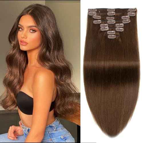 Clip in Hair Extensions Chocolate Medium Brown Real Human Hair Straight 24 Inch 7pcs 120g Clip ins Hair Extensions Brazilian Remy Human Hair 16 Clips Double Weft Human Hair For Women