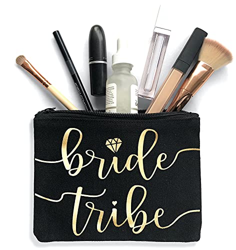 Bride Tribe Makeup Bags - Bridesmaid Favor for Bachelorette Party, Bridal Shower, Wedding. Cosmetics/Toiletries Bag, Wedding Survival Kit, Hangover Kit, Keepsake (3pc Bride Tribe, Black)