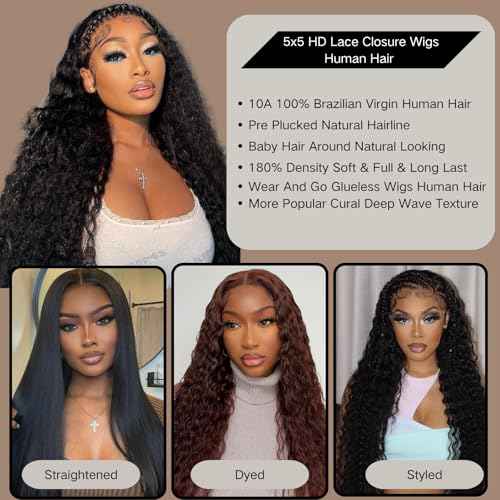 28 Inch Glueless Wigs Human Hair Pre Plucked Pre Cut Closure Wigs Human Hair 180% Density Deep Wave Curly Lace Front Wig with Baby Hair