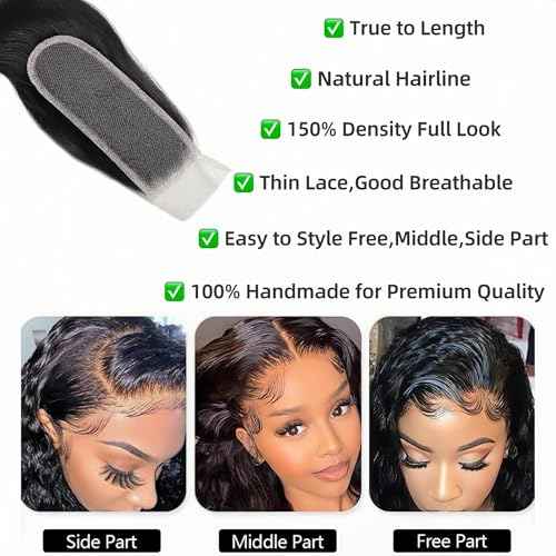 2x6 HD Lace Closure Body Wave Human Hair Transparent 2 by 6 HD Lace Closure 22Inch 100% Brazilian Virgin Unprocessed Middle Part Human Hair Kim K Closure With Baby Hair Natural Color