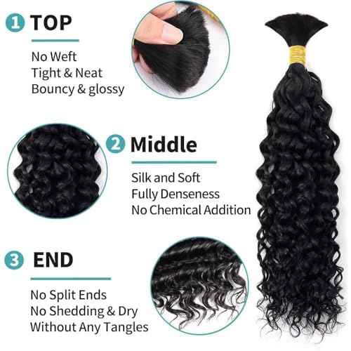 Human Braiding Hair 3 Bundles/Pack 150g Curly Water Wave Bulk Hair for Braiding No Weft 10A Brazilian Virgin Human Braiding Hair for Boho Braids Wet and Wavy Braids (1B#-Water Wave, 24 Inch/150g)