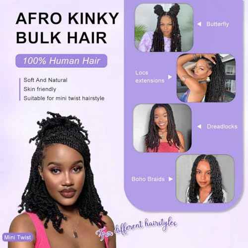 Afro Kinkys Bulk Human Hair For Braiding Afro Kinky-Curly Human Hair Bulk For Microloc Loc Extension Repair locs Dreadlocks Extensions Mini Twists Human Braiding Hair 22inch(1B,35g/pack)