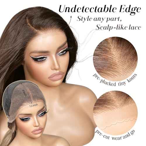 Glueless Wig with Bangs Chocolate Brown Layered Body Wave 13x4 HD Lace Front Pre Plucked Pre Cut Synthetic Wig for Women Wear and Go 23 Inch