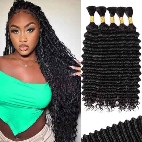 160g 5 Bundles Human Braiding Hair for Boho Braids 24 Inch Curly Boho Hair for Braiding Knotless 12A Deep Wave Bulk Bohemian Natural Black