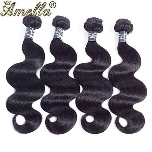 Amella Hair Brazilian Body Wave (16" 18" 20" 22", 380g, Natural Black)8A 100% Unprocessed Brazilian Virgin Body Wave Human Hair Weave Weft Can be Dyed Bleached