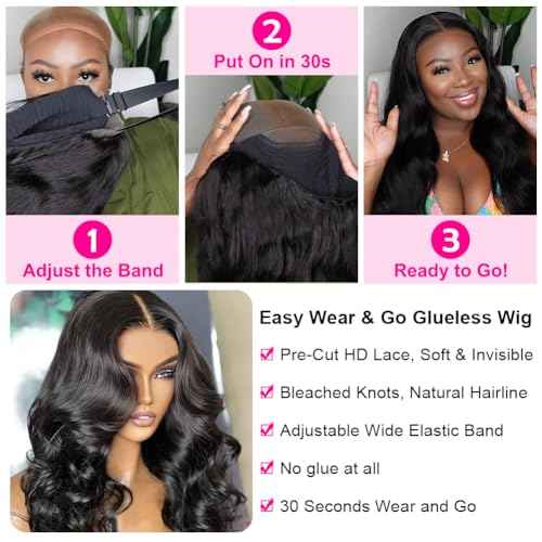 Hedy 10A Glueless Human Hair Wigs for Black Women 180 Density HD Transparent Body Wave Lace Front Wigs Human Hair Pre Plucked with Baby Hair Natural Black(24 Inch)