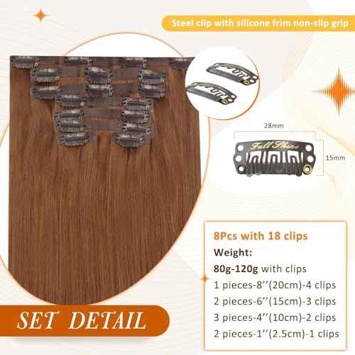 Full Shine Clip in Hair Extensions Copper Brown Human Hair 18 Inch Clip in Real Hair PU Weft Copper Red Human Hair Clip ins Extensions Auburn Brown Natural Ends 120 Grams 8 PCS