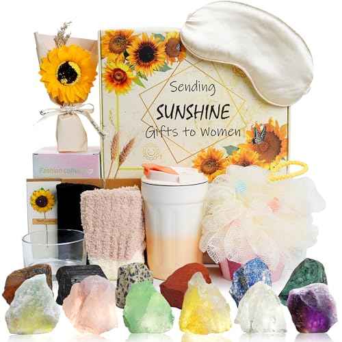 Alitifiy Get Well Soon Self Care Package Box, Birthday Xmas Gifts for Women, Sunflower Relaxing Feel Better Soon Basket Package w/ 12pcs Crystals Healing Stones, Sunshine and Wellness Presents for Her