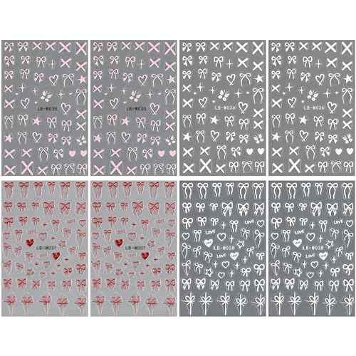 JMEOWIO 8 Sheets Heart Bow Tie Nail Art Stickers Decals Self-Adhesive Pegatinas U?as Pink Nail Supplies Nail Art Design Decoration Accessories