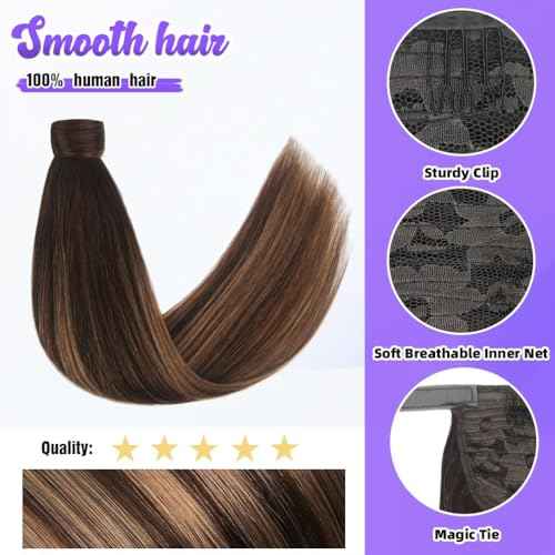 20 Inch Human Hair Ponytail 90g Long Wrap Around Ponytail Balayage Chocolate Brown to Caramel Blonde Real Hair Ponytail Extension for Women(20inch,Balayage Chocolate Brown to Caramel Blonde)