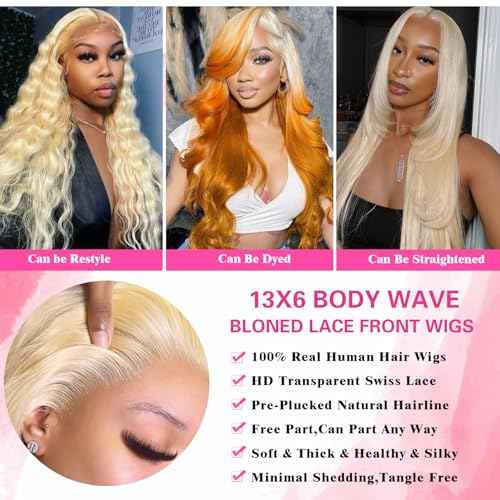 BZN 613 13x6 Lace Front Wig Human Hair 28 Inch Body Wave Blonde Wig Human Hair Pre Plucked 613 HD Lace Frontal Wig with Baby Hair 200 Density