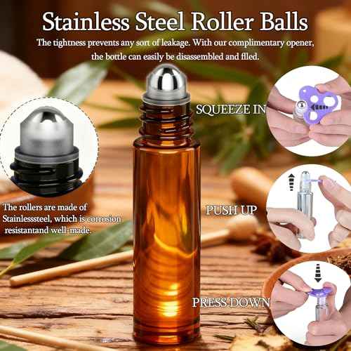 PrettyCare Set of 12, 10 ml Amber Glass Roller Bottles for Essential Oil with Stainless Steel Roller Ball - Refillable Leak-proof Empty Roll on Bottles with Black Caps for Travel, Perfume, Lab