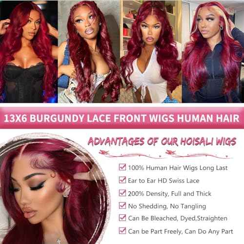 Burgundy Lace Front Wigs Human Hair 99j 13x6 HD Transparent Body Wave Lace Front Wigs Human Hair 200% Density Full and Thick HD Lace Front Wigs for Women 24 Inch