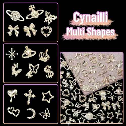 180 Pcs Gold Nail Charms and Gems, Bow Star Butterfly Cross Alloy Nail Jewelry, 18 Styles Metal Planet Heart Y2K Gold Nail Charms for Nails Art Design