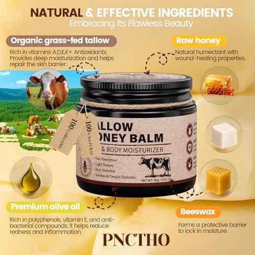 Beef Tallow for Skin, Tallow and Honey Balm with 100% Grass-Fed Beef Tallow & Raw Wild Honey, Natural Face & Body Moisturizer for Deep Hydration, Barrier Repair, Soothing Relief 2.1 OZ